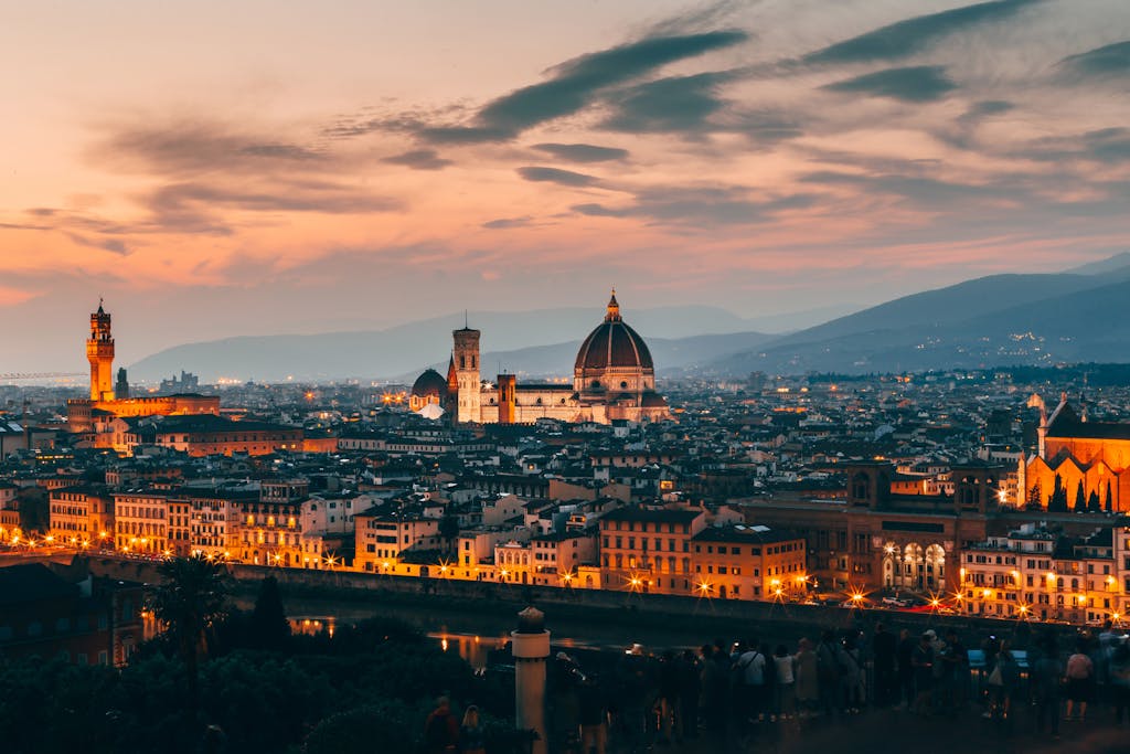 Breathtaking view of Florence's iconic skyline, featuring the cathedral, captured at twilight.